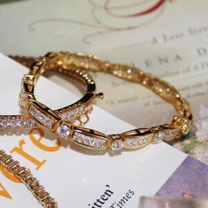 Gold Vermeil Cubic Zirconia  Baguette Panel Tennis 7" Bracelet